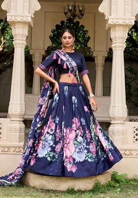 Blue Printed Tussar Silk Lehenga Set