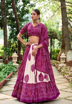 Wine Printed Tussar Silk Lehenga Set