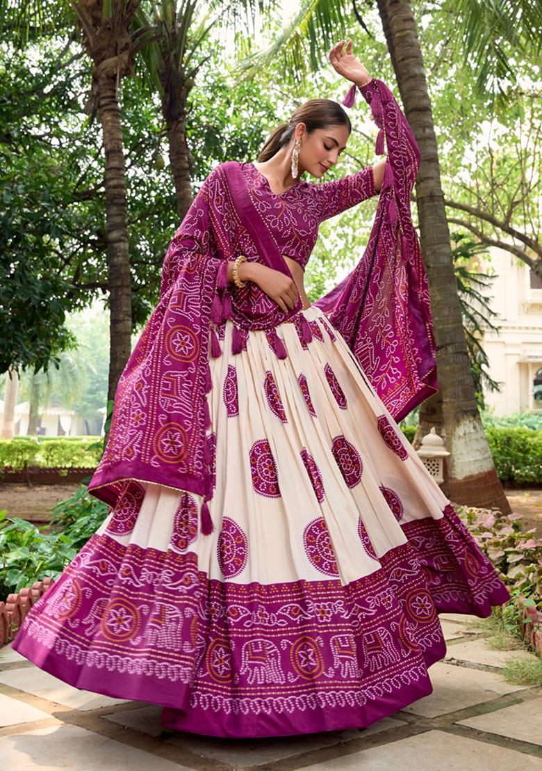 Wine Printed Tussar Silk Lehenga Set