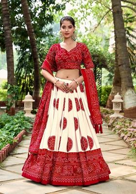 Red Printed Tussar Silk Lehenga Set