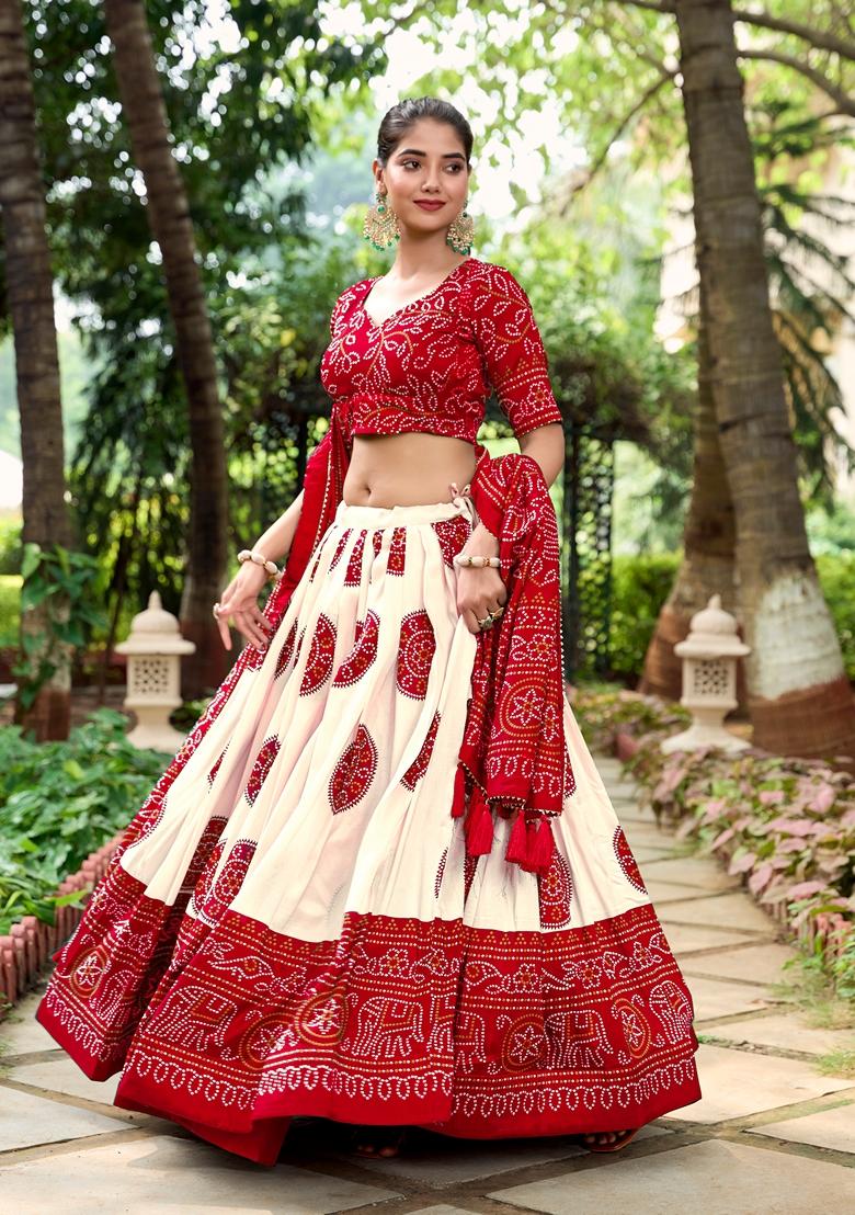 Red Printed Tussar Silk Lehenga Set