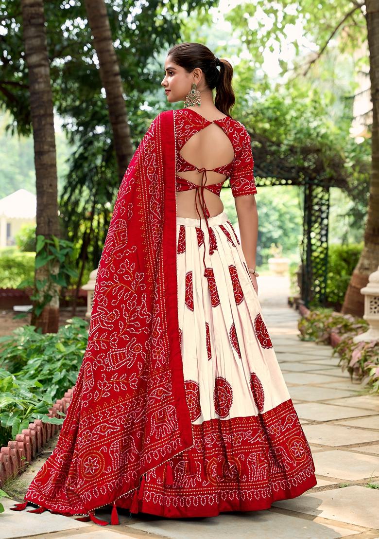 Red Printed Tussar Silk Lehenga Set