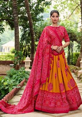 Mustard Printed Tussar Silk Lehenga Set