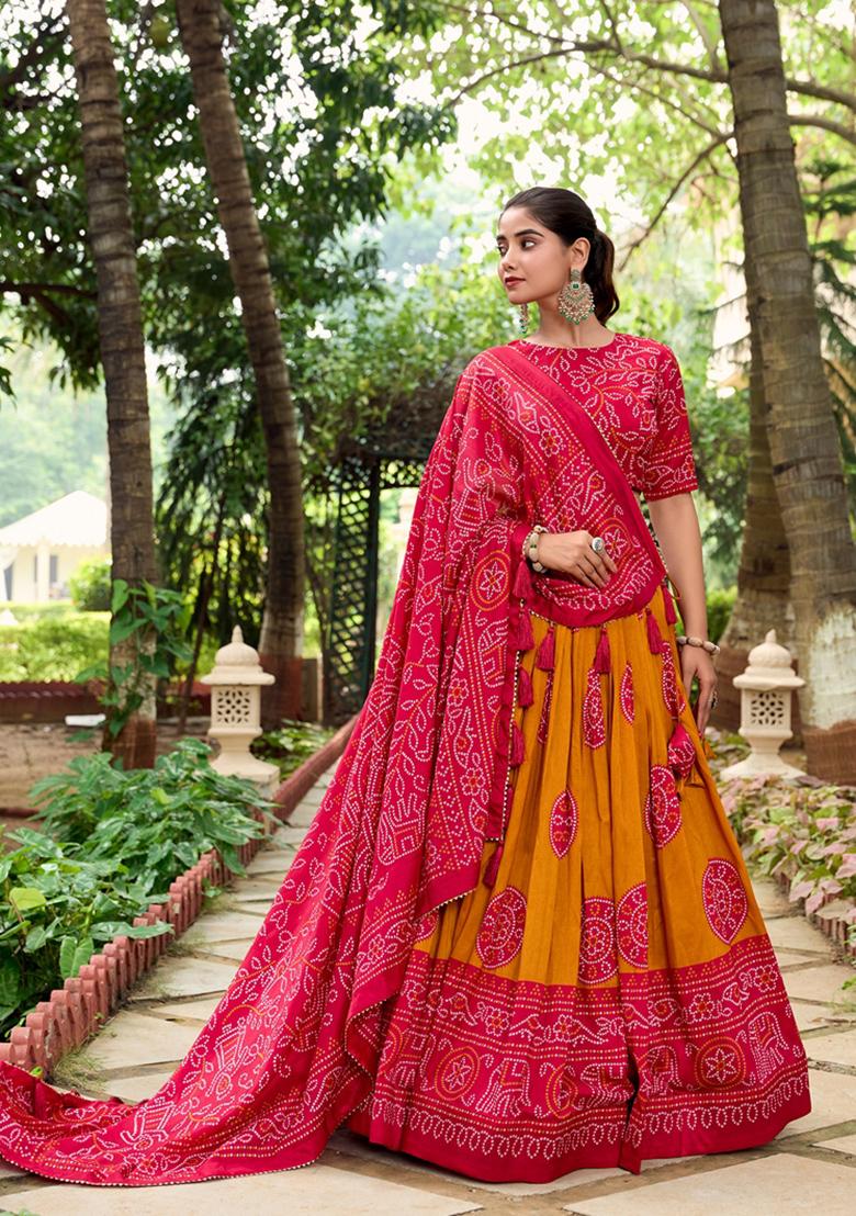 Mustard Printed Tussar Silk Lehenga Set