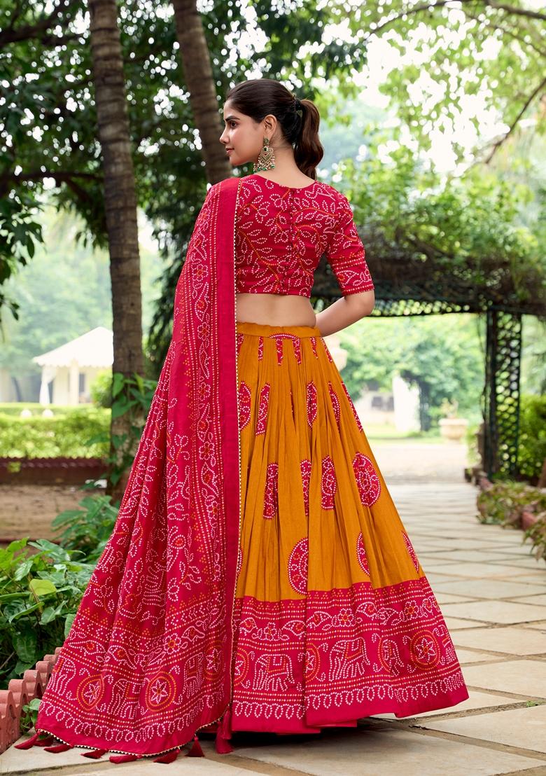 Mustard Printed Tussar Silk Lehenga Set