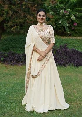 Cream Embroidered Georgette Lehenga Set