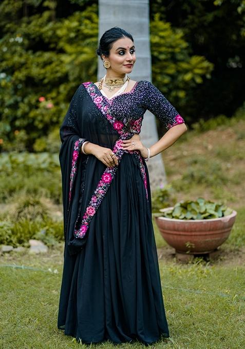 Black Embroidered Georgette Lehenga Set