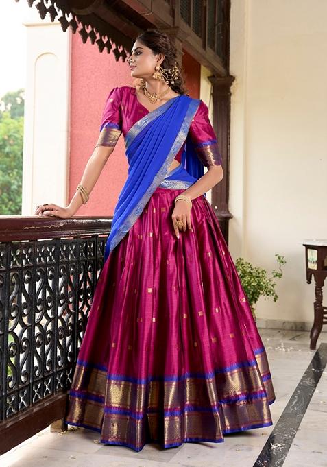 Pink Zari Woven Cotton Silk Lehenga Set