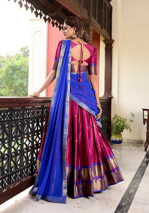 Pink Zari Woven Cotton Silk Lehenga Set