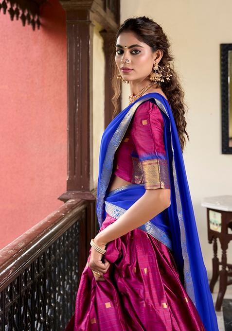 Pink Zari Woven Cotton Silk Lehenga Set