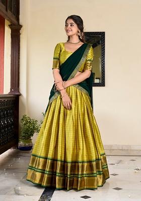 Parrot Green Zari Woven Cotton Silk Lehenga Set