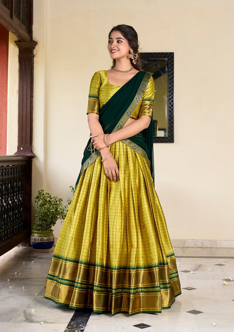 Parrot Green Zari Woven Cotton Silk Lehenga Set
