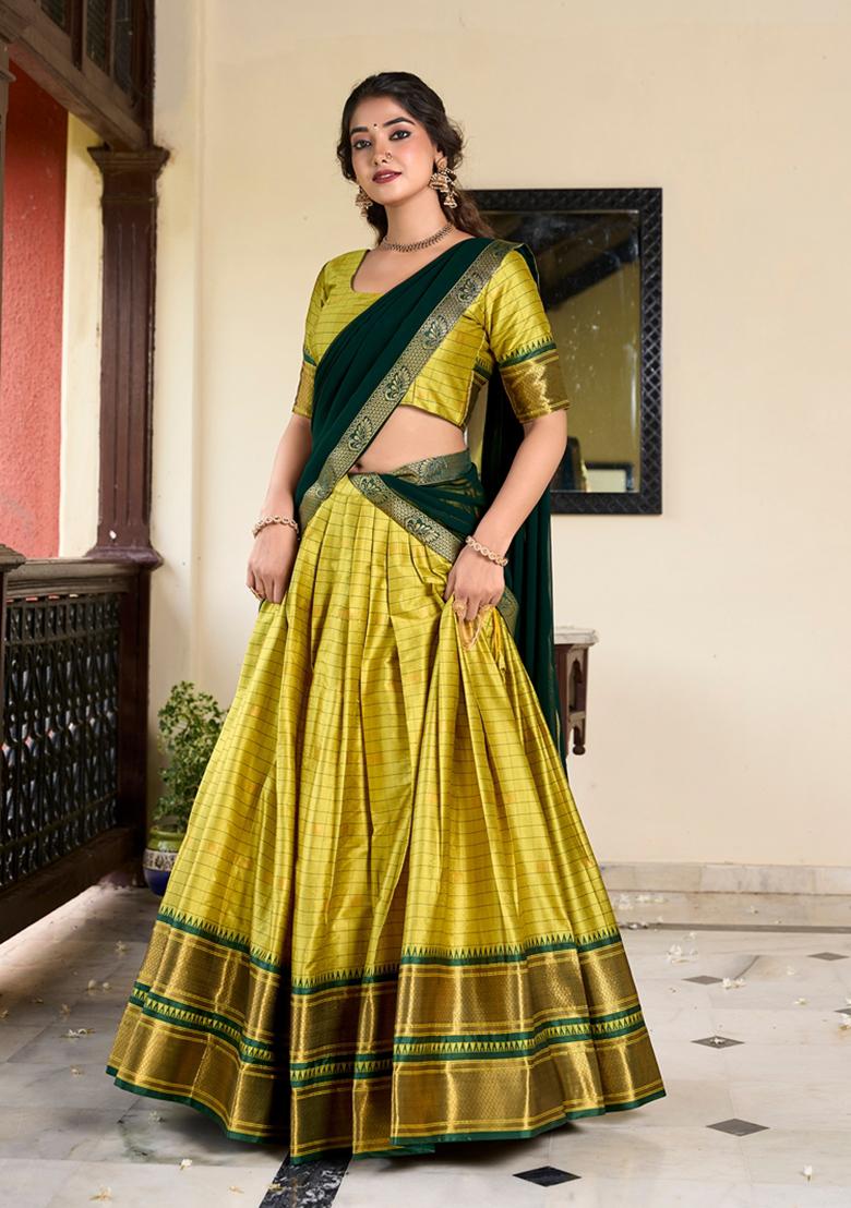 Parrot Green Zari Woven Cotton Silk Lehenga Set