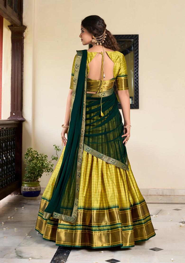 Parrot Green Zari Woven Cotton Silk Lehenga Set