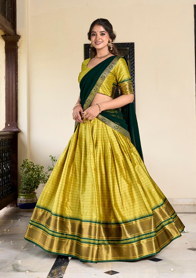Parrot Green Zari Woven Cotton Silk Lehenga Set