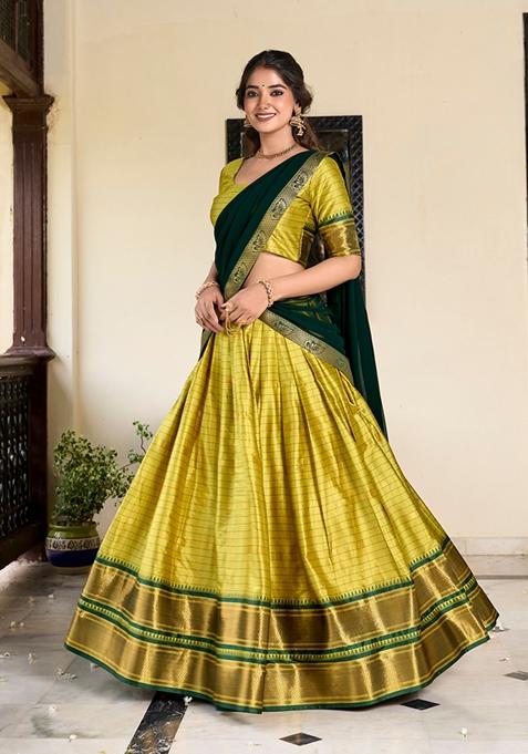 Parrot Green Zari Woven Cotton Silk Lehenga Set
