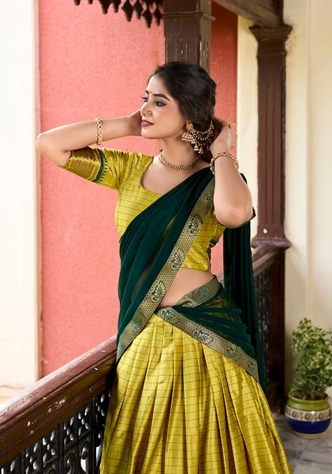 Parrot Green Zari Woven Cotton Silk Lehenga Set