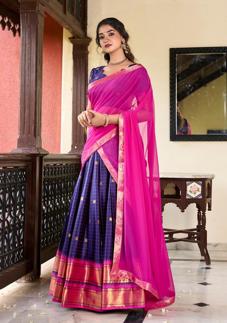 Navy Blue Zari Woven Cotton Silk Lehenga Set