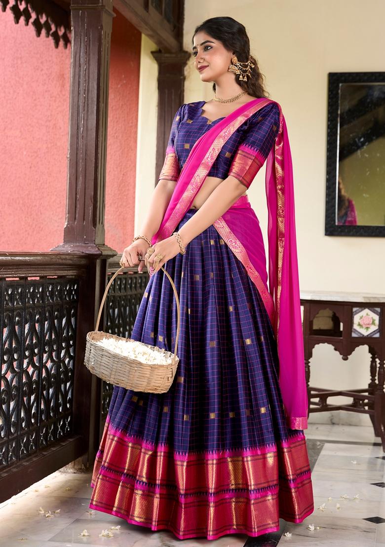 Navy Blue Zari Woven Cotton Silk Lehenga Set