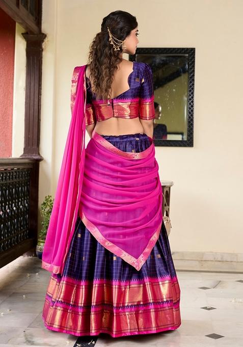 Navy Blue Zari Woven Cotton Silk Lehenga Set