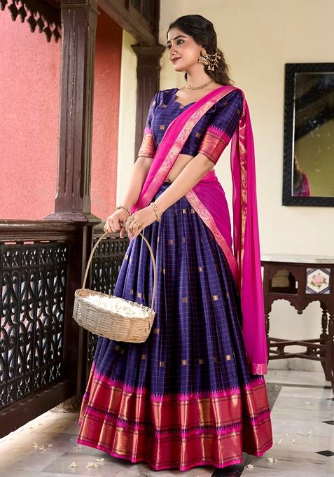 Navy Blue Zari Woven Cotton Silk Lehenga Set