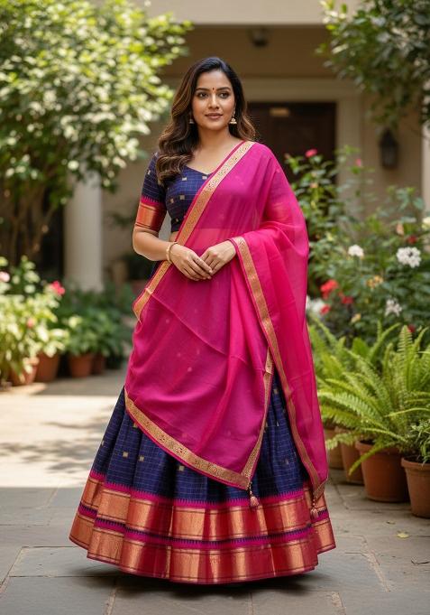 Navy Blue Zari Woven Cotton Silk Lehenga Set