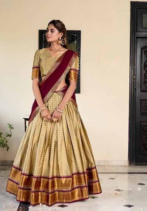 Cream Zari Woven Cotton Silk Lehenga Set