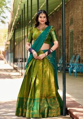 Parrot Green Zari Woven Kanjivaram Lehenga Set