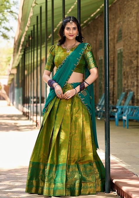Parrot Green Zari Woven Kanjivaram Lehenga Set