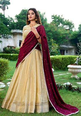 Cream Zari Woven Kanchipuram Lehenga Set