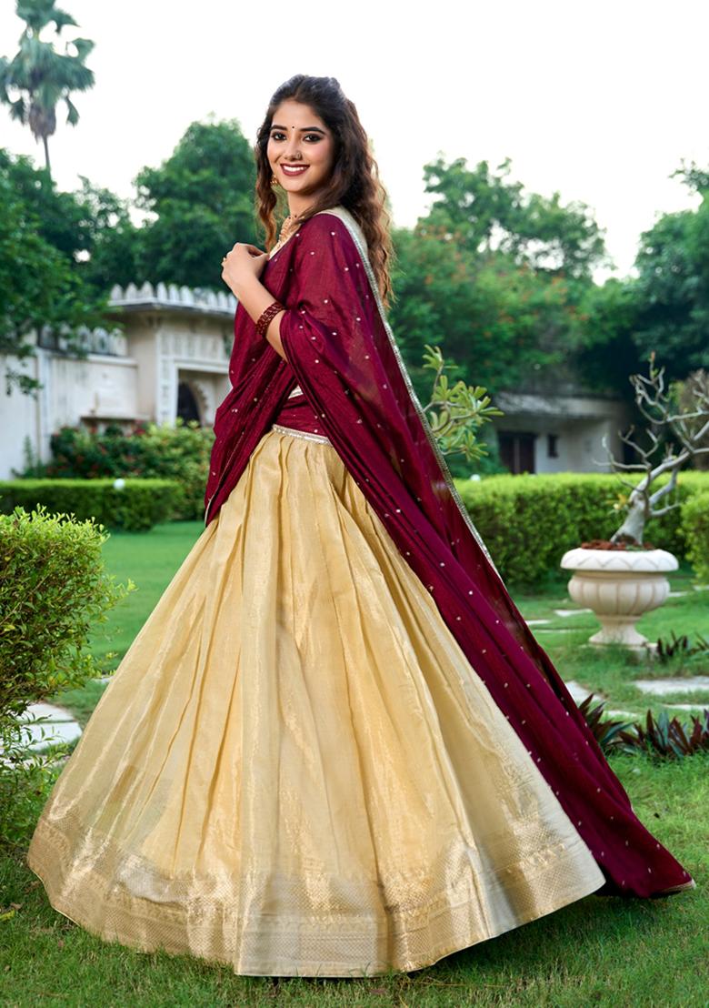 Cream Zari Woven Kanchipuram Lehenga Set