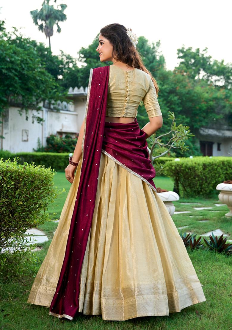 Cream Zari Woven Kanchipuram Lehenga Set