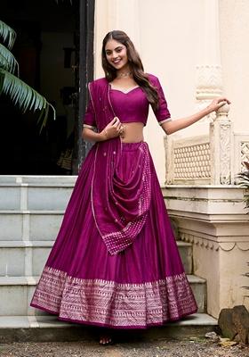 Wine Zari Woven Pure Chanderi Lehenga Set