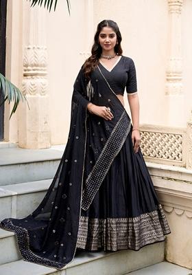 Black Zari Woven Pure Chanderi Lehenga Set