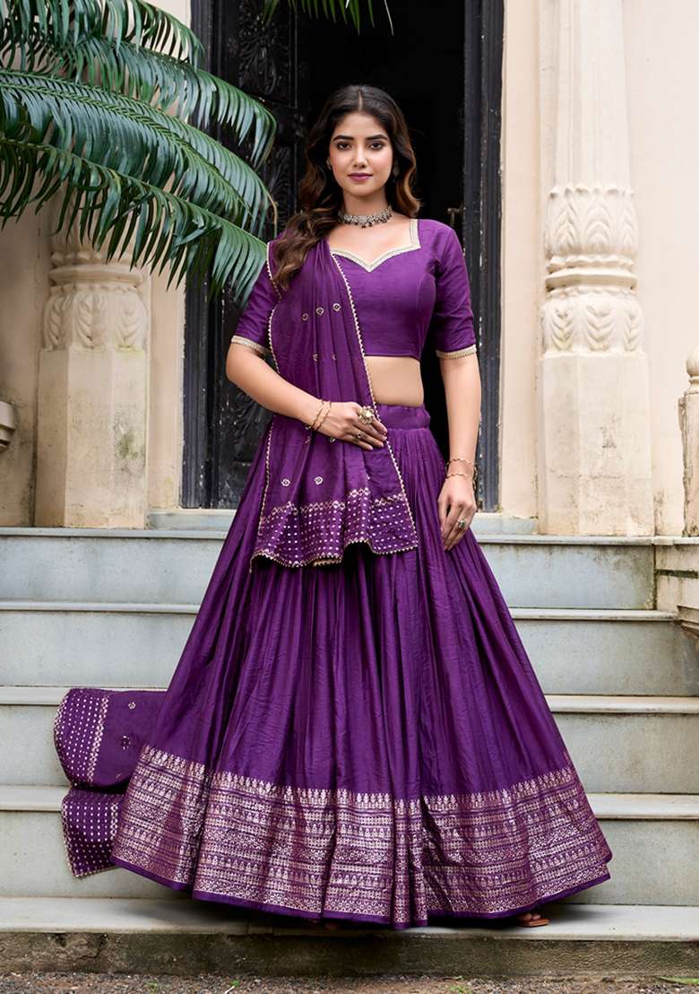 Purple Zari Woven Pure Chanderi Lehenga Set - Indya