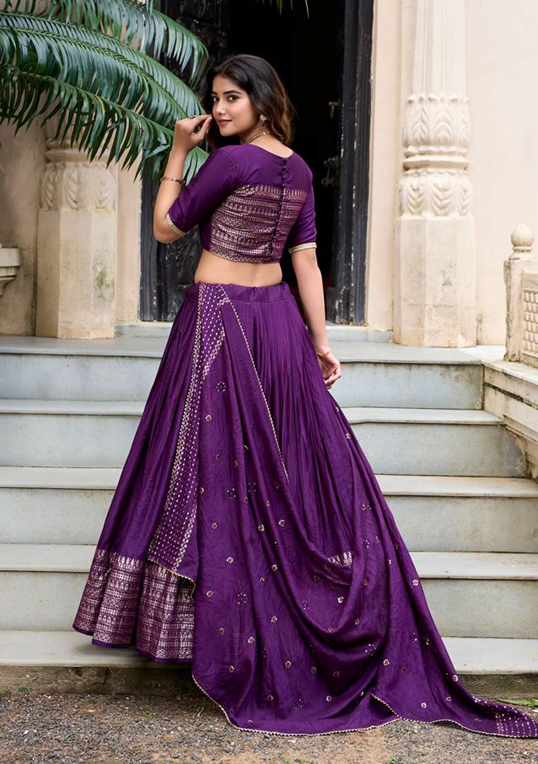 Purple Zari Woven Pure Chanderi Lehenga Set - Indya