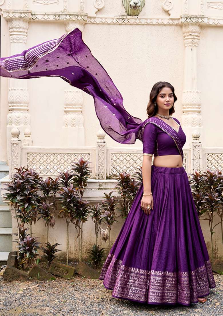 Purple Zari Woven Pure Chanderi Lehenga Set - Indya