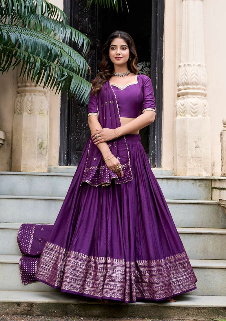 Purple Zari Woven Pure Chanderi Lehenga Set - Indya