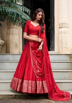 Red Zari Woven Pure Chanderi Lehenga Set