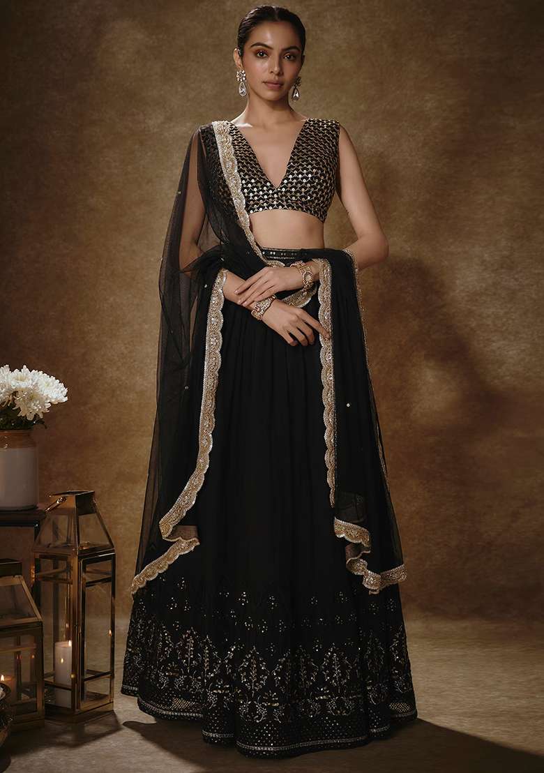 Black Georgette Lehenga Set with Embroidered & Sequin for Diwali | Wedding & Festive Wear - Indya