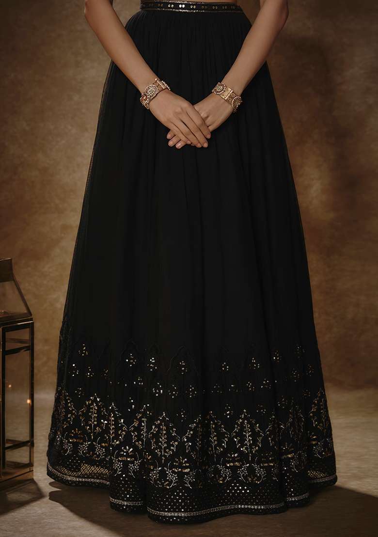 Black Georgette Lehenga Set with Embroidered & Sequin for Diwali | Wedding & Festive Wear - Indya