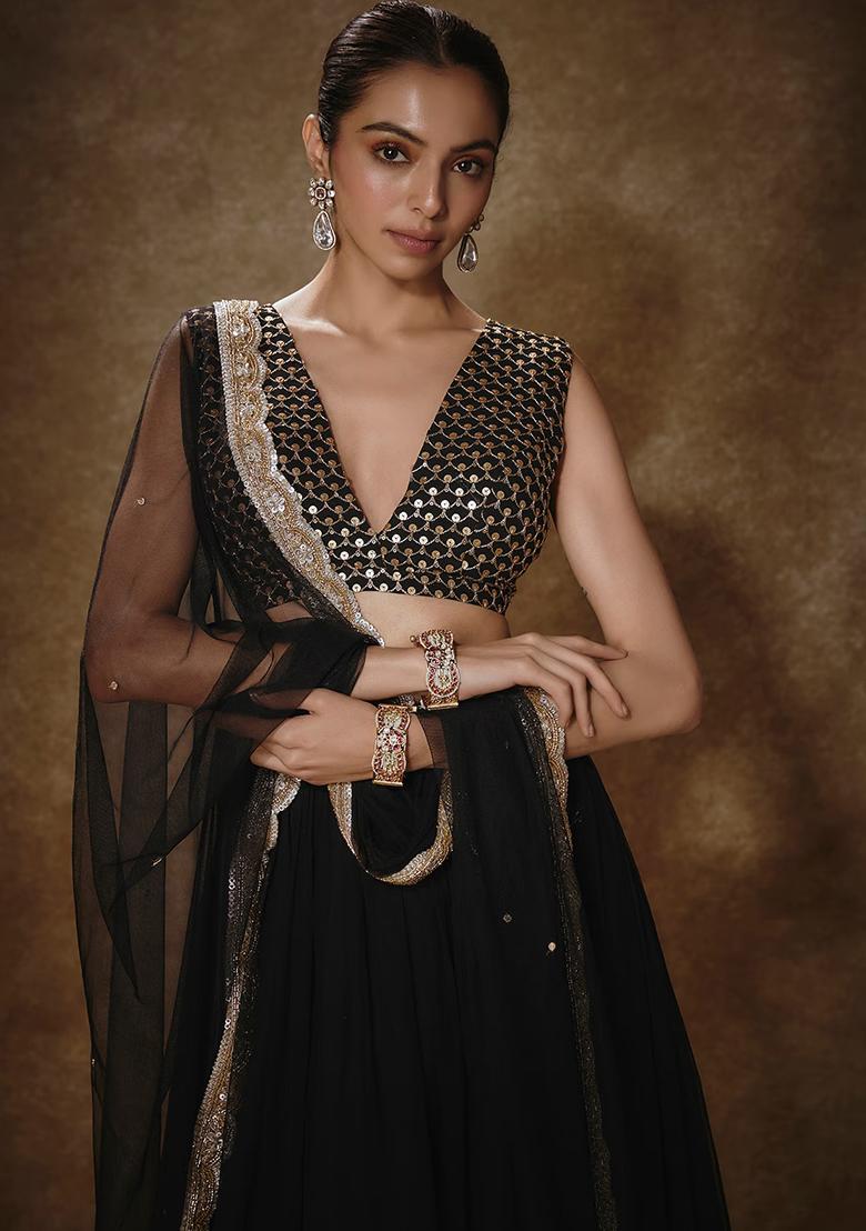 Black Sequin Embroidered Georgette Lehenga Set