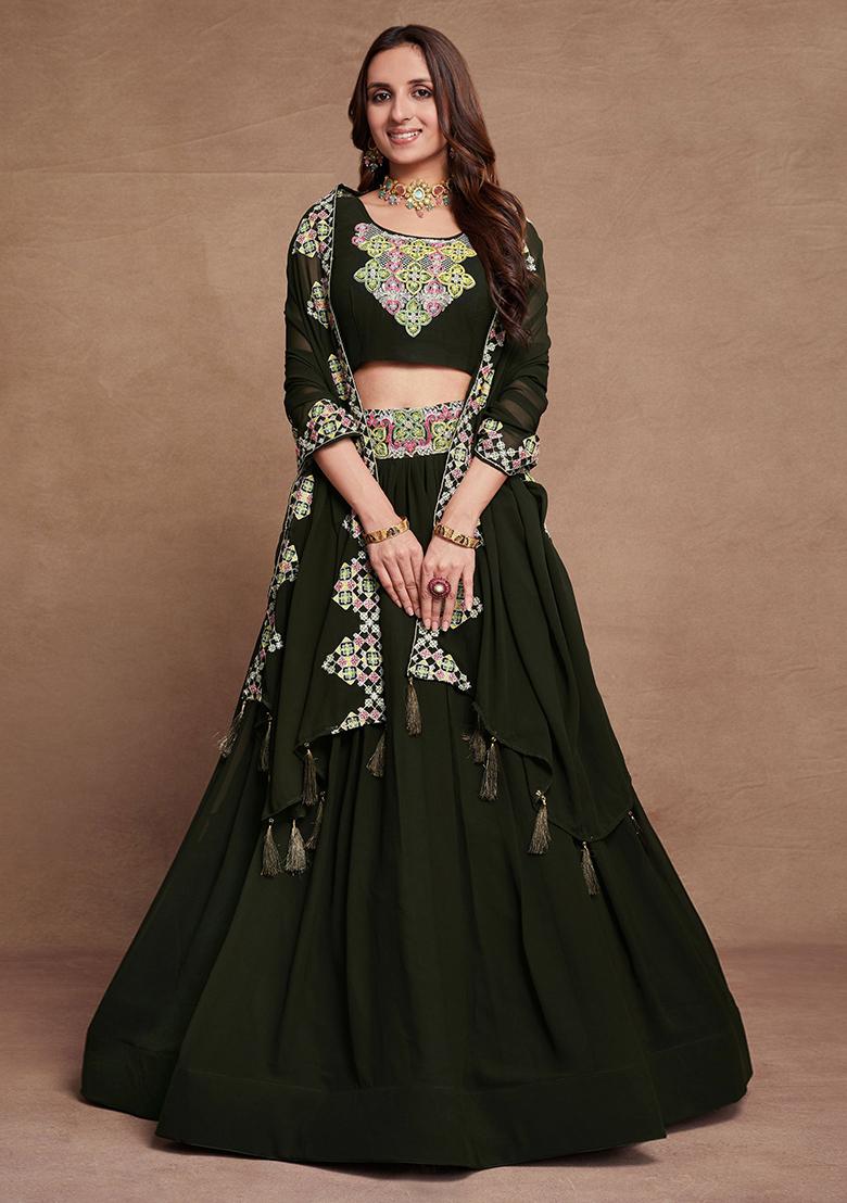 Dark Green Sequin Embroidered Georgette Lehenga Set