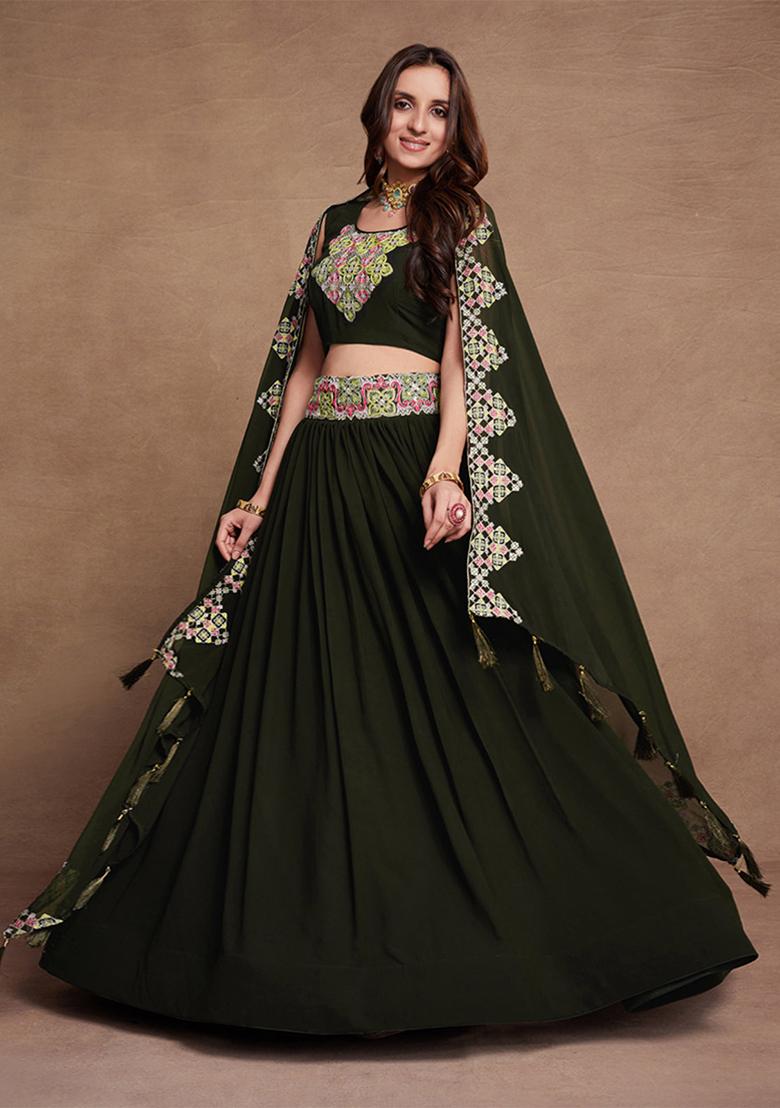 Dark Green Sequin Embroidered Georgette Lehenga Set
