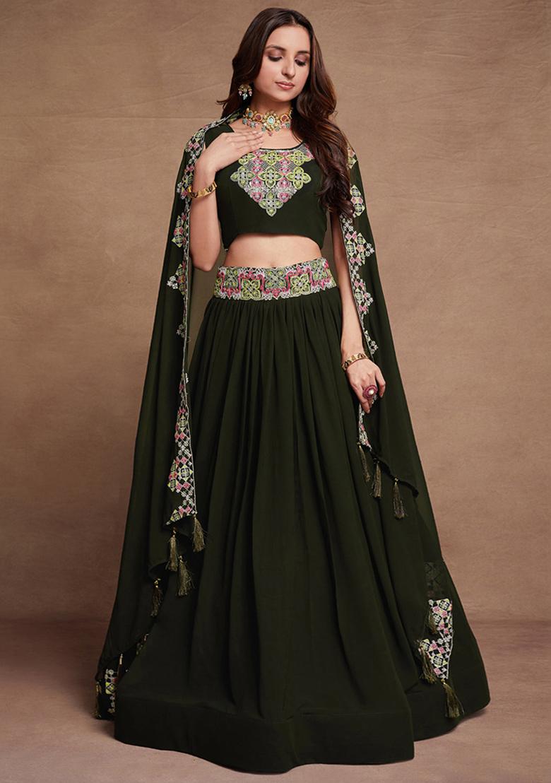 Dark Green Sequin Embroidered Georgette Lehenga Set