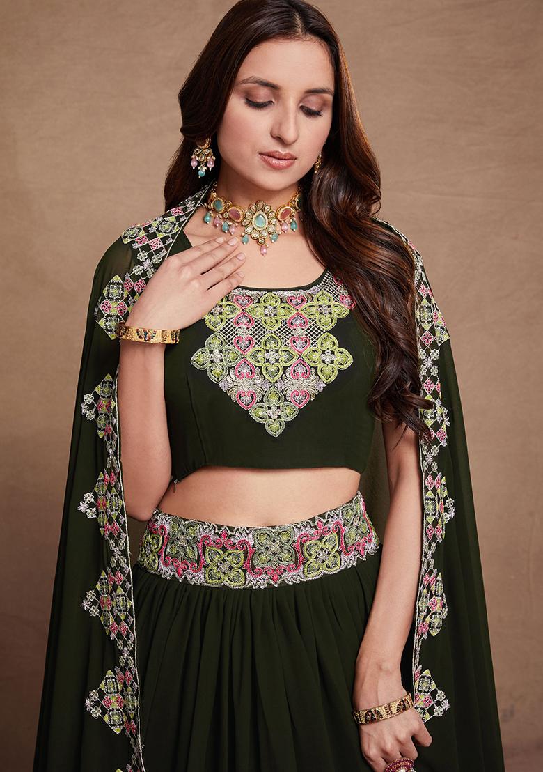 Dark Green Sequin Embroidered Georgette Lehenga Set