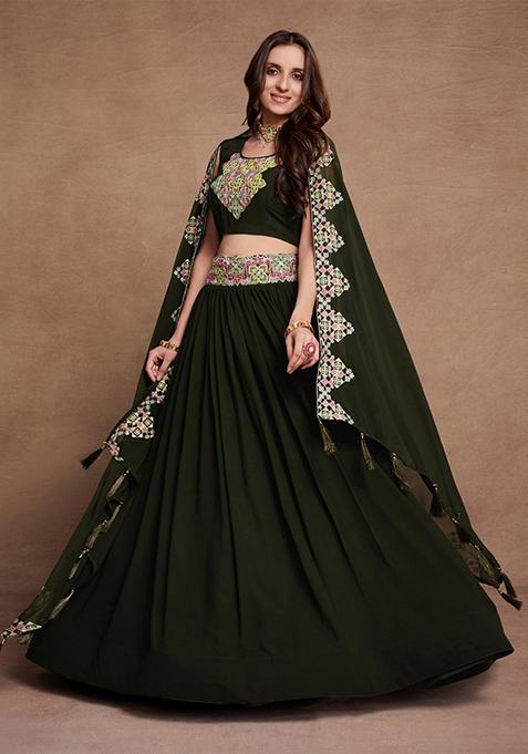 Dark Green Sequin Embroidered Georgette Lehenga Set