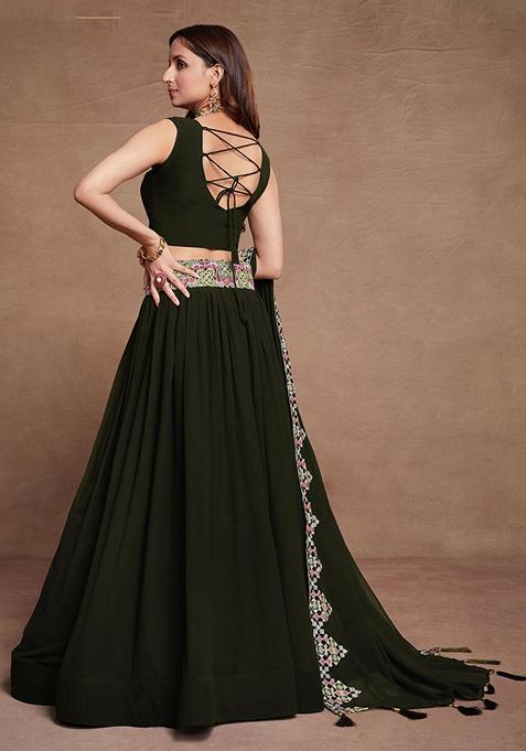 Dark Green Sequin Embroidered Georgette Lehenga Set