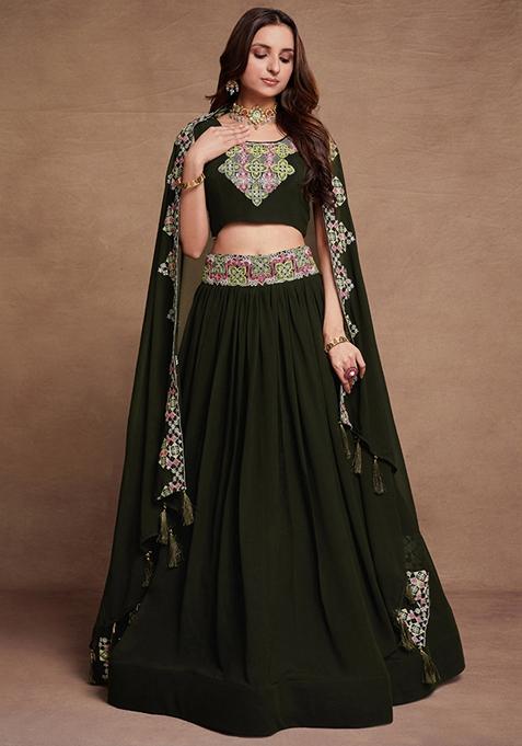 Dark Green Sequin Embroidered Georgette Lehenga Set