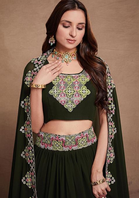 Dark Green Sequin Embroidered Georgette Lehenga Set